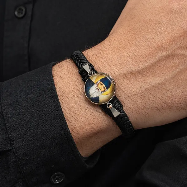 Ανδρικό Βραχιόλι Άγιος Παΐσιος Ατσάλι  Πλεκτό Μαύρο Δέρμα