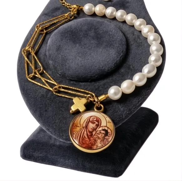 Βραχιόλι με Παναγία Ιεροσολυμίτισσα & Μαργαριτάρια  Ατσάλινο Χειροποίητο