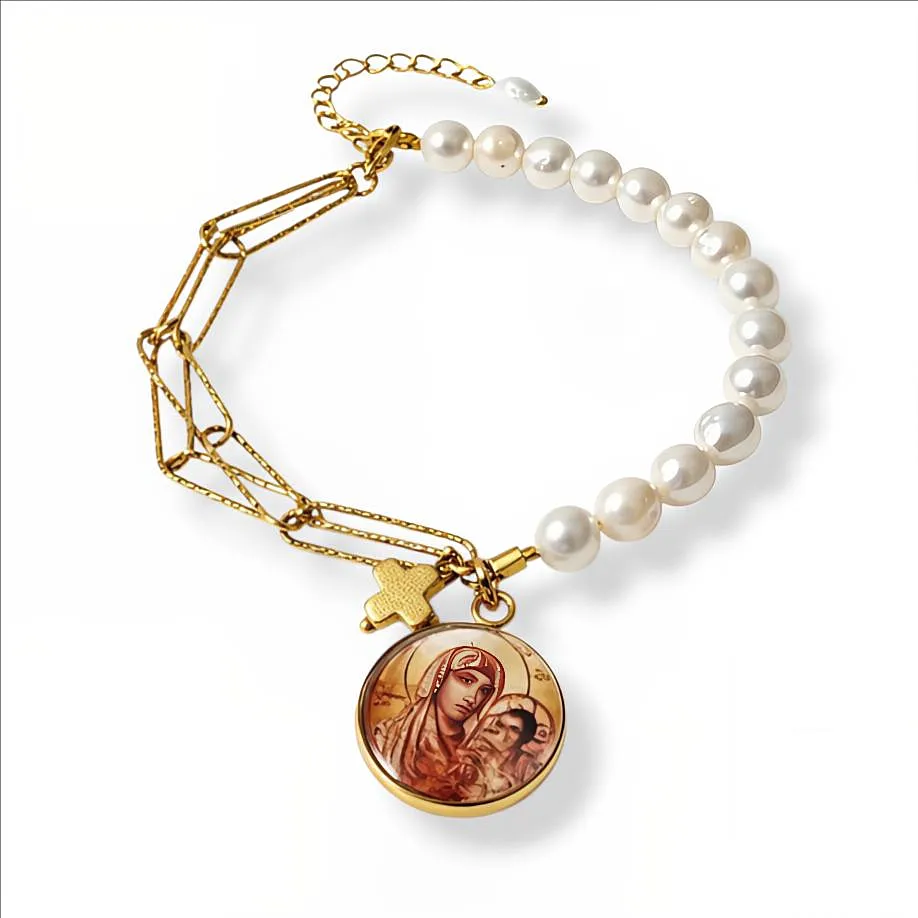 Βραχιόλι με Παναγία Ιεροσολυμίτισσα & Μαργαριτάρια  Ατσάλινο Χειροποίητο