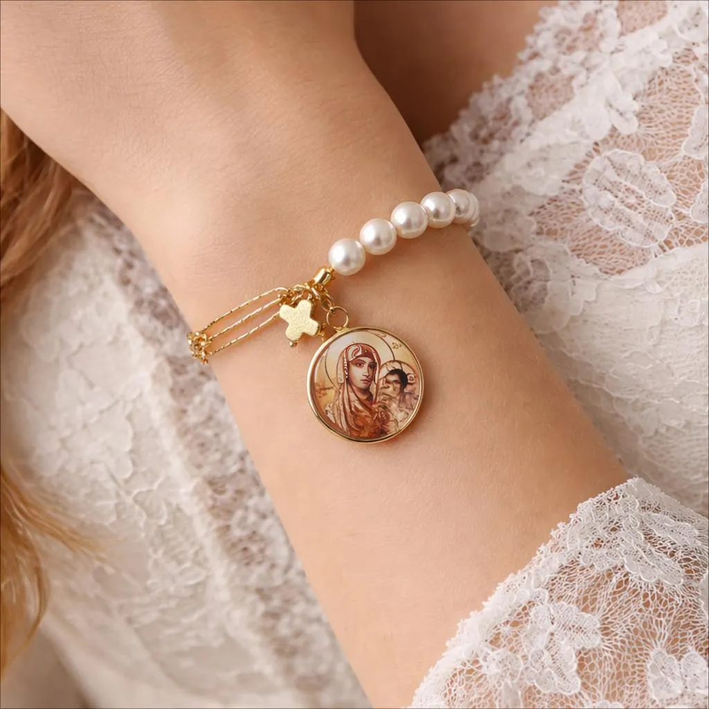Βραχιόλι με Παναγία Ιεροσολυμίτισσα & Μαργαριτάρια  Ατσάλινο Χειροποίητο