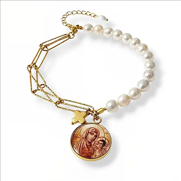 Βραχιόλι με Παναγία Ιεροσολυμίτισσα & Μαργαριτάρια  Ατσάλινο Χειροποίητο