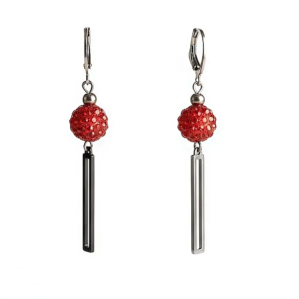 Σκουλαρίκια χειροποίητα ατσάλι ασημί με κόκκινη χάντρα strass