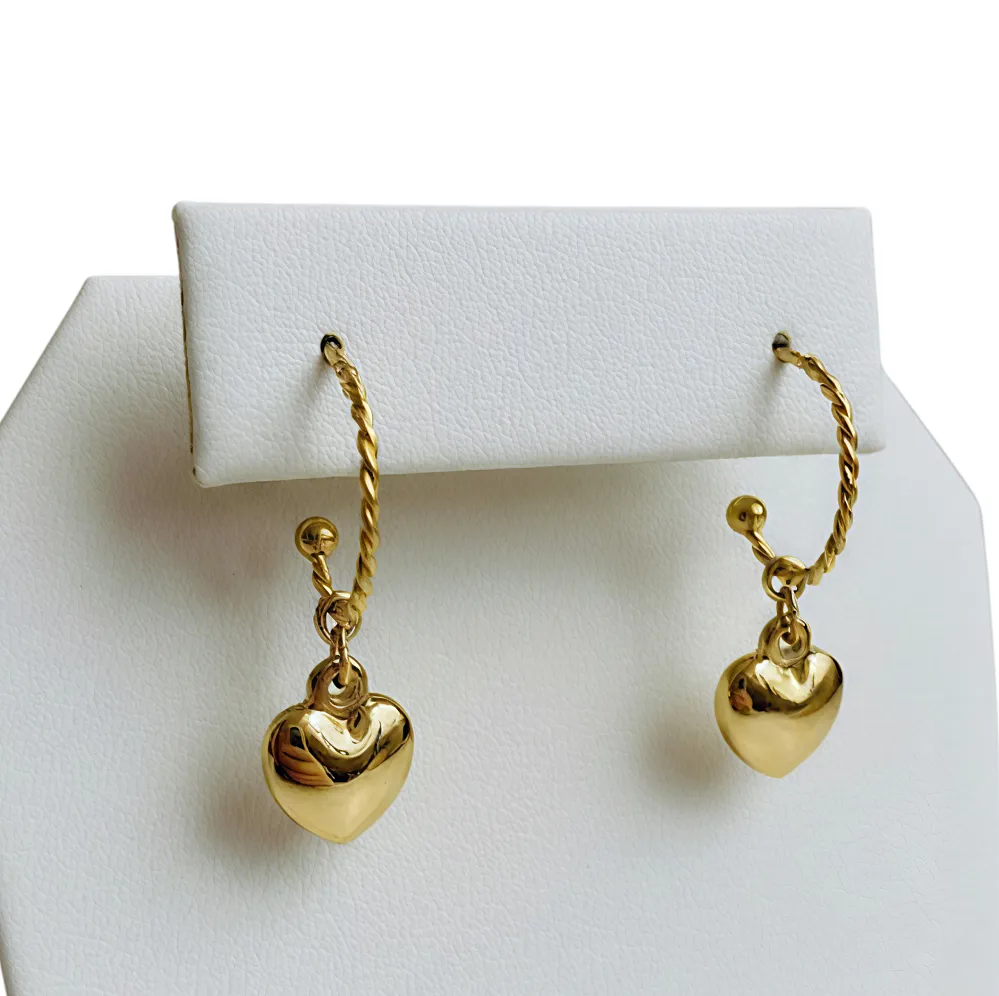 Χρυσά Ατσάλινα Minimal Σκουλαρίκια με Ημικύκλιο Γάντζο & Κρεμαστή Καρδιά