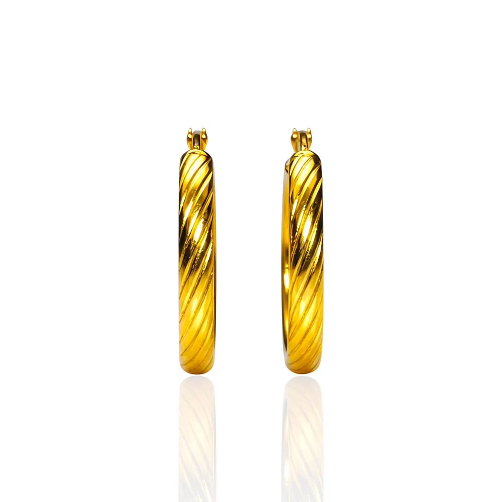 Σκουλαρίκια Κρίκοι Ατσάλι Χρυσό με Πλάγιες Ραβδώσεις