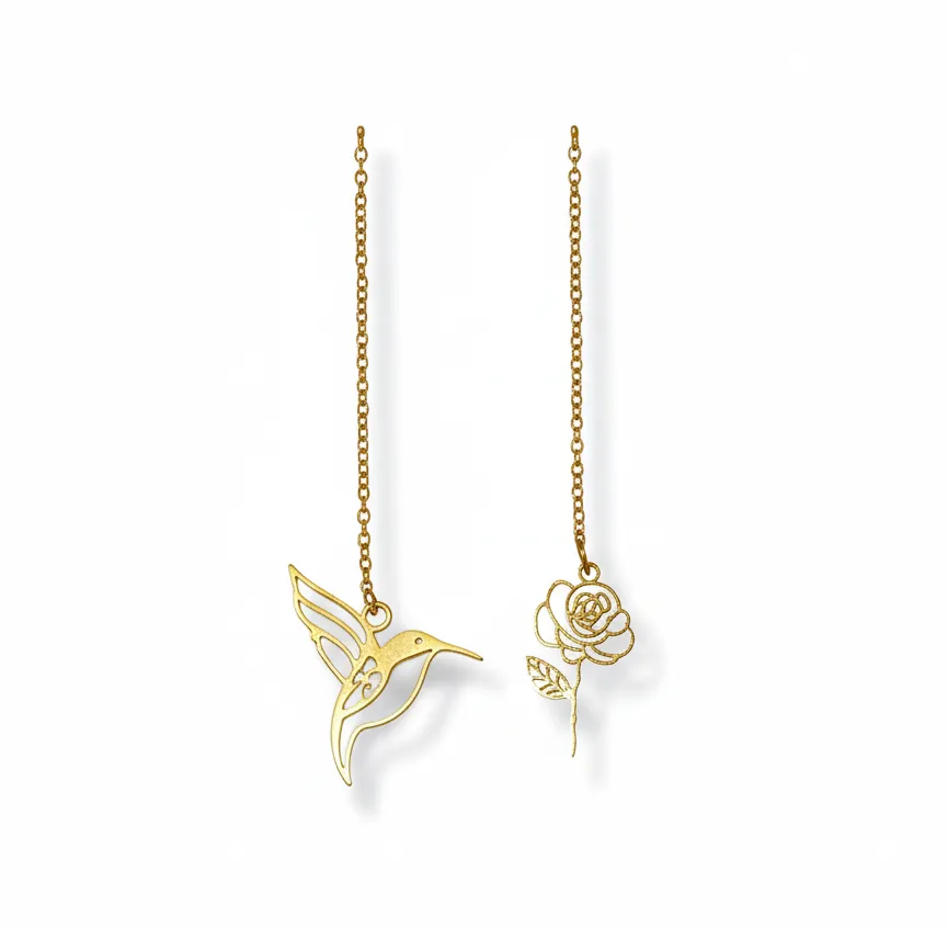 Ατσάλινα Σκουλαρίκια Κρεμαστά με Κολίμπρι & Τριαντάφυλλο