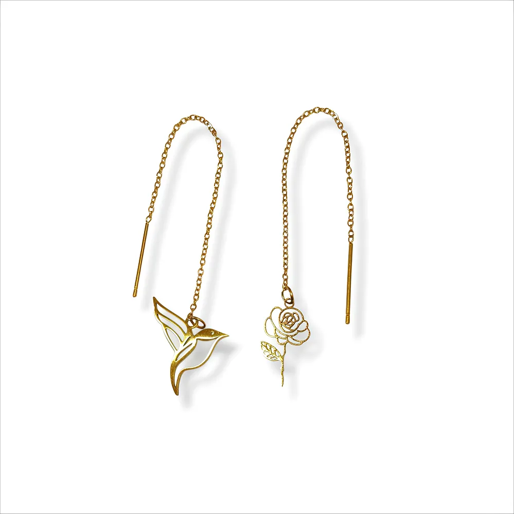 Ατσάλινα Σκουλαρίκια Κρεμαστά με Κολίμπρι & Τριαντάφυλλο