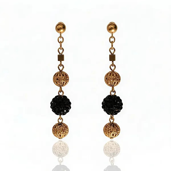 Επιχρυσωμένα Ατσάλινα Κρεμαστά Σκουλαρίκια με Μαύρη Χάντρα Στρας