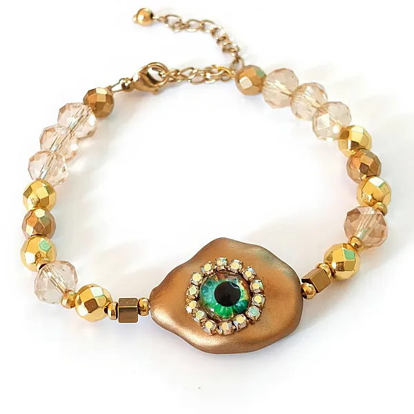 Βραχιόλι από Ατσάλι με Αιματίτη, Κρυστάλλους Σαμπανιζέ & Μάτι με Στρας