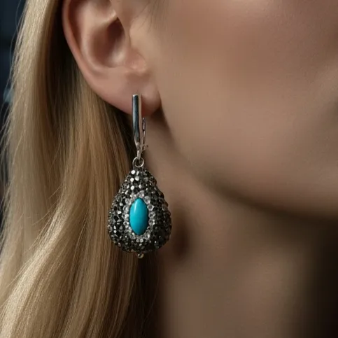 Σκουλαρίκια Γυναικεία με Μαρκασίτη & Τυρκουάζ από Ανοξείδωτο Ατσάλι