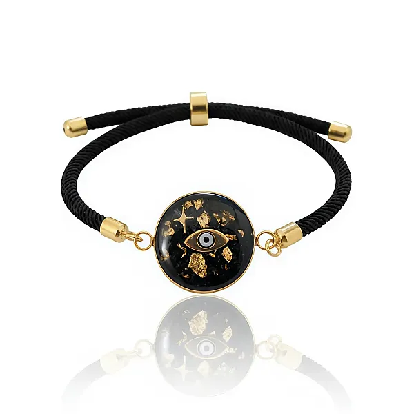 Μαύρο Βραχιόλι Ρεγιόν με Χρυσό Φύλλο & Μάτι από Υγρό Γυαλί
