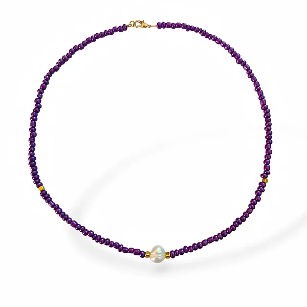 Κολιέ  Γυναικείο με μωβ ακανόνιστες χάντρες & μαργαριτάρι στο κέντρο