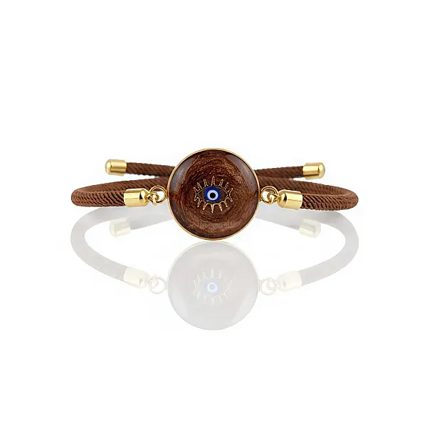 Βραχιόλι Γυναίκειο με καφέ κορδόνι  ατσάλι με ματάκι σε υγρό γυαλί