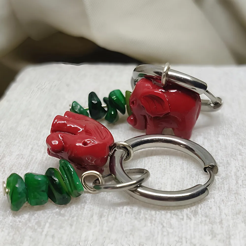 Σκουλαρίκια Boho Elephant Κοράλλι, Φίλντισι